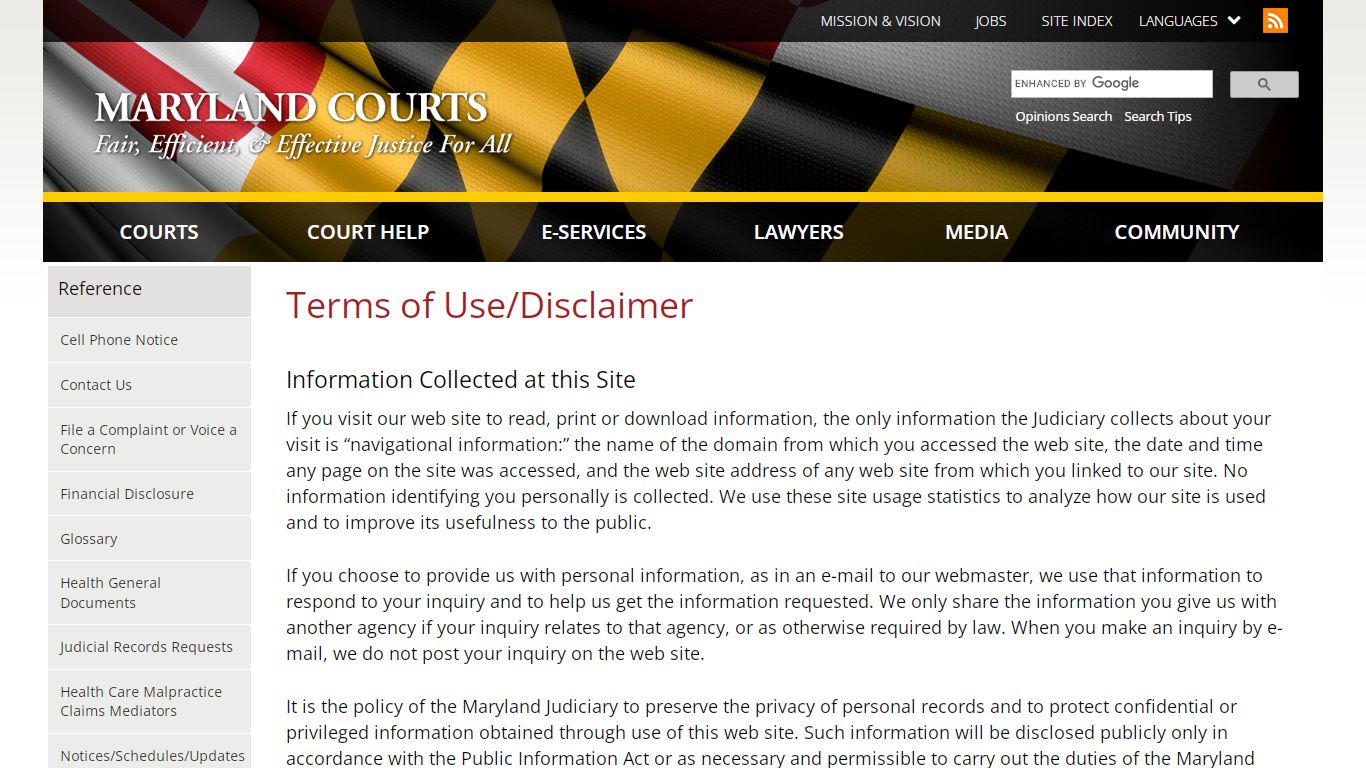 Terms of Use/Disclaimer | Maryland Courts